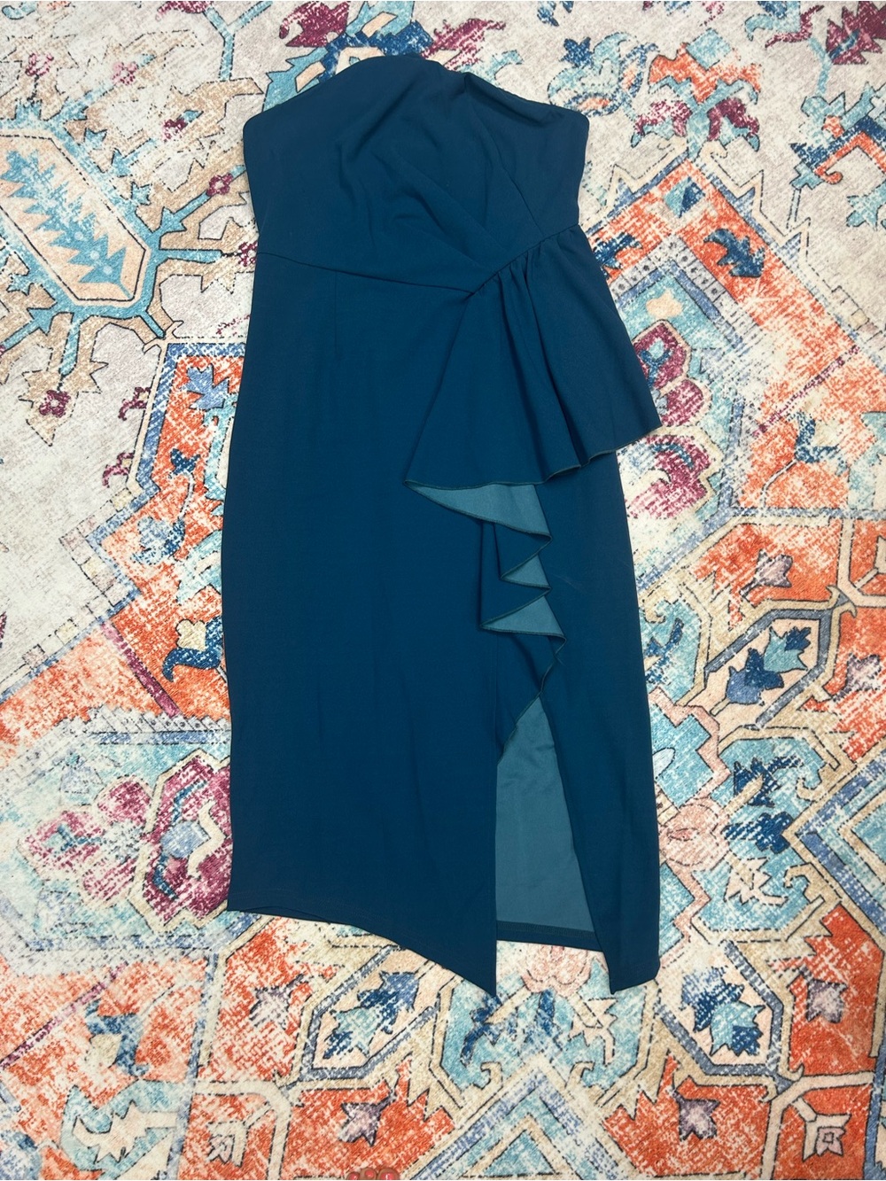 Strapless Teal Ruffle Midi Dress - Picture 2 of 8